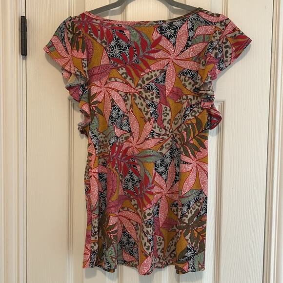 Amana Boho Blouse M Lace Neck Ruffle Sleeve Raised Print Made in Mexico - Picture 3 of 7